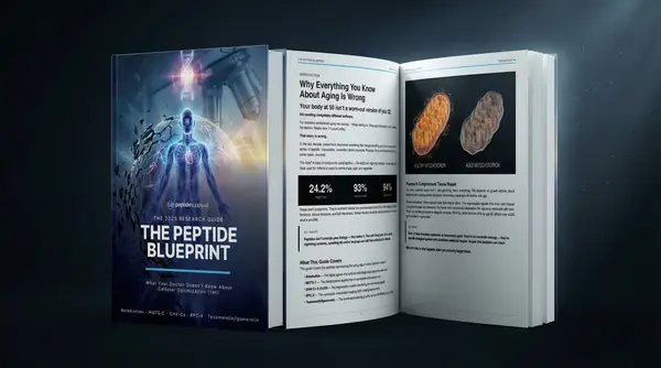 The Peptide Blueprint open book showing educational peptide content
